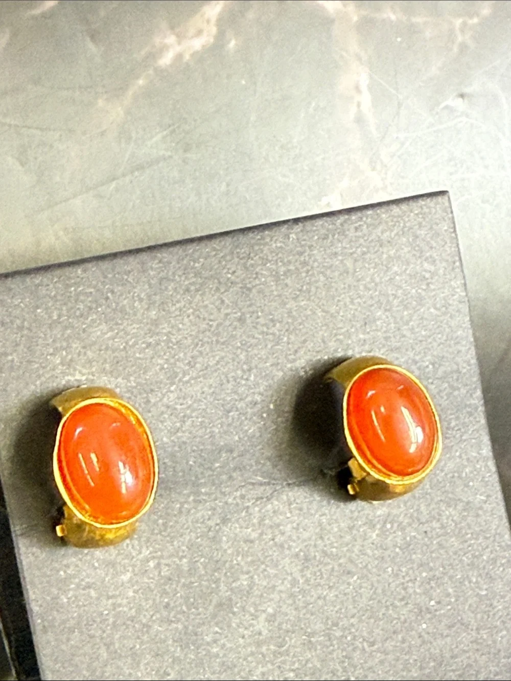 CHANEL Gold-Tone Link Hoop Earrings with Red Cabochon